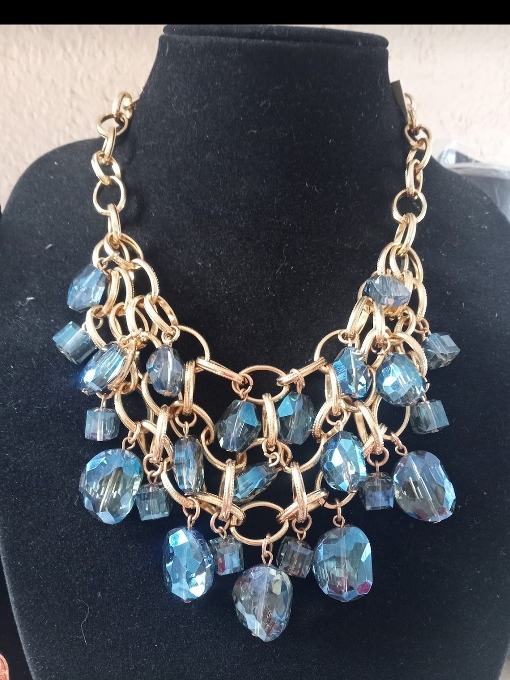 Gold-Tone Necklace with Deep Teal Crystal Beads